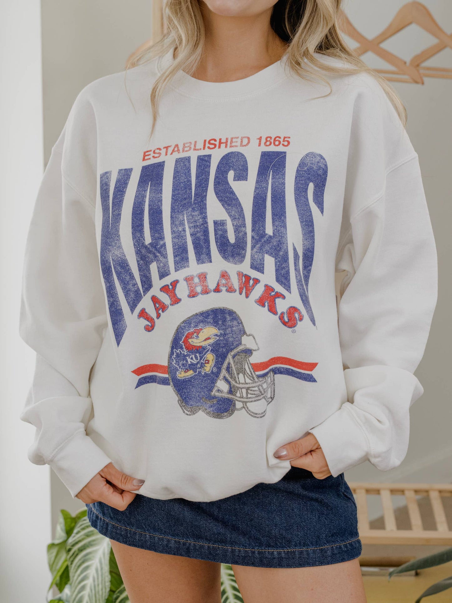 Ku Jayhawks Established Helmet White Thrifted Sweatshirt