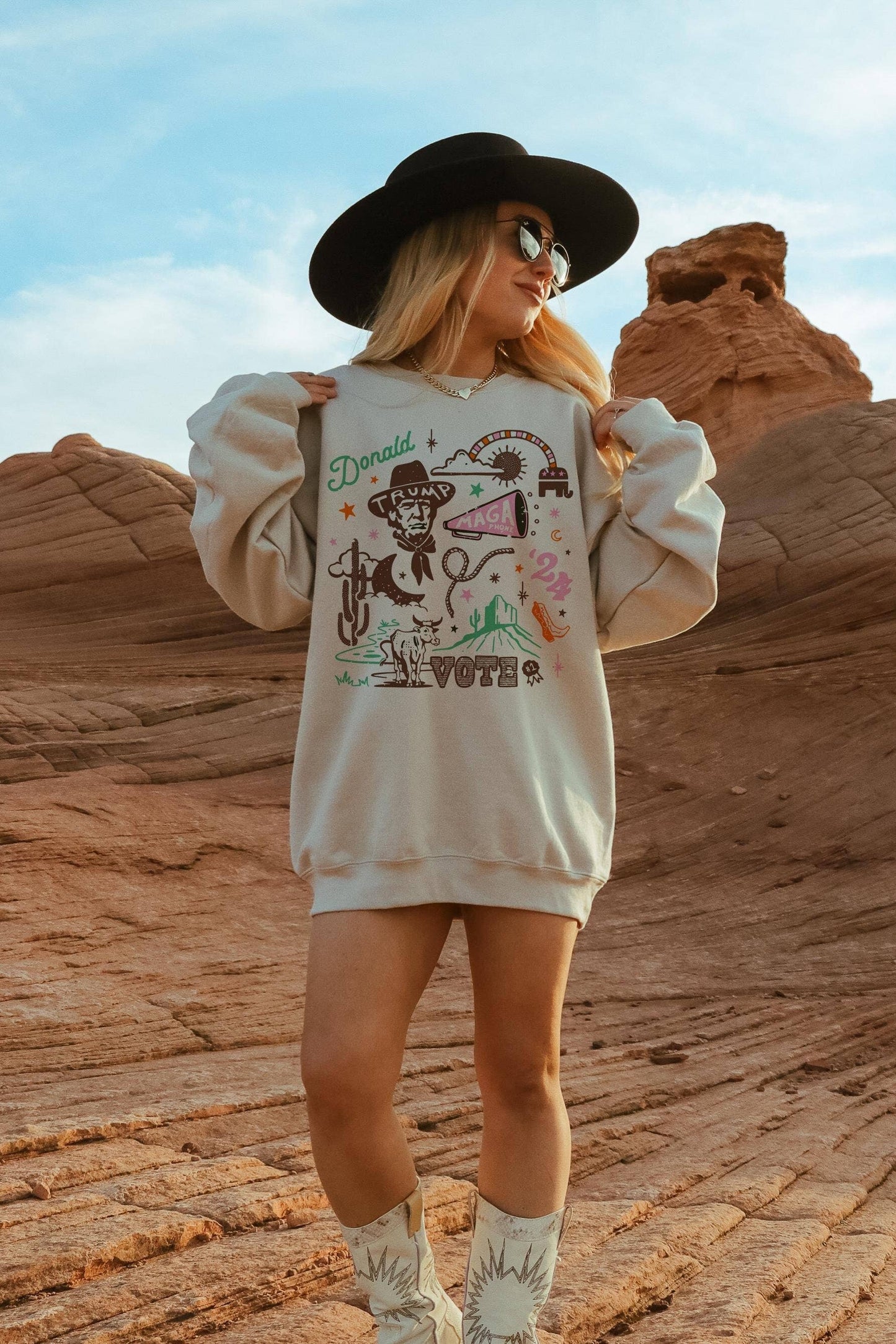 Trump 2024 Western Sweatshirt Womens Crewneck Cowboy Shirt