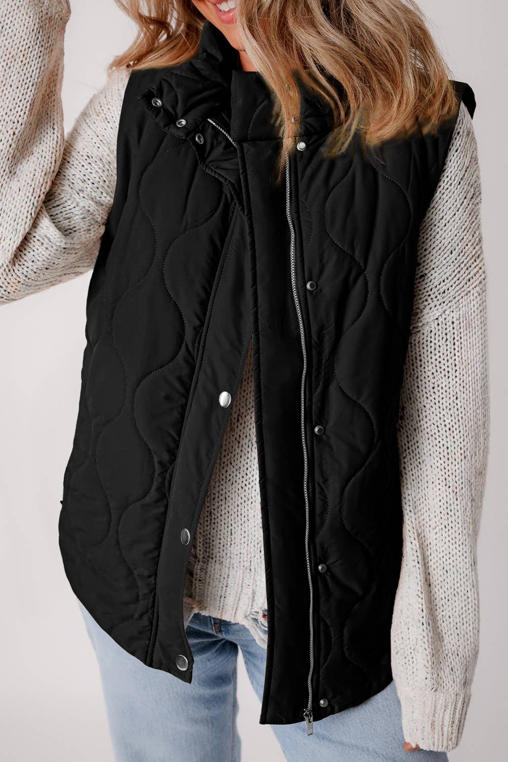 Textured Button Zipped Puffer Vest Jacket (S-2XL)