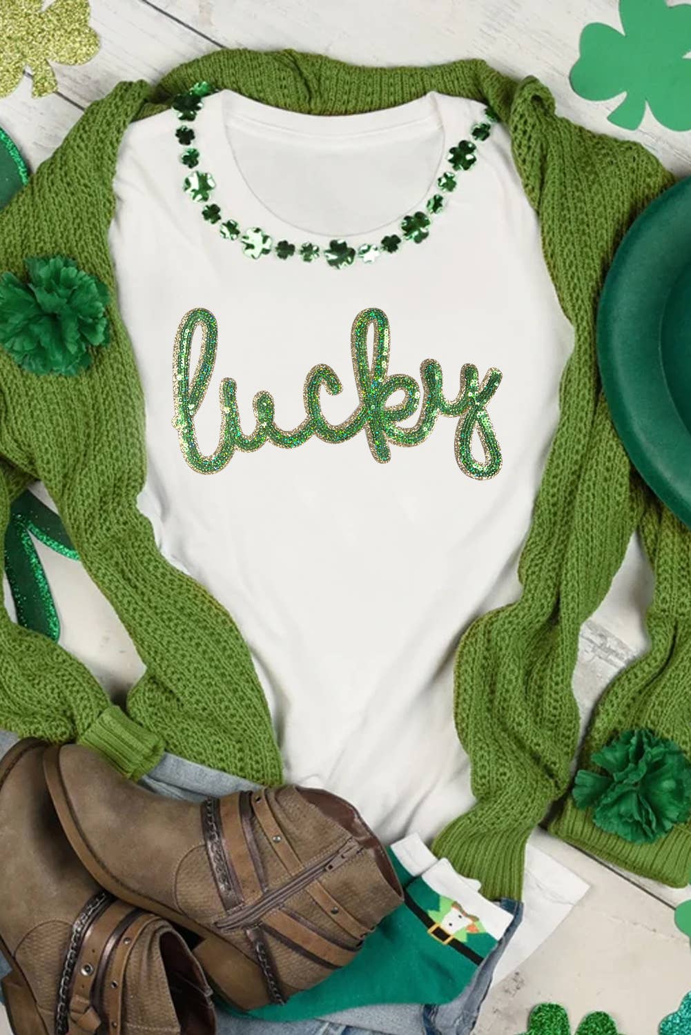 Sequined Lucky St.Patricks Day Graphic Tee (S-3XL)