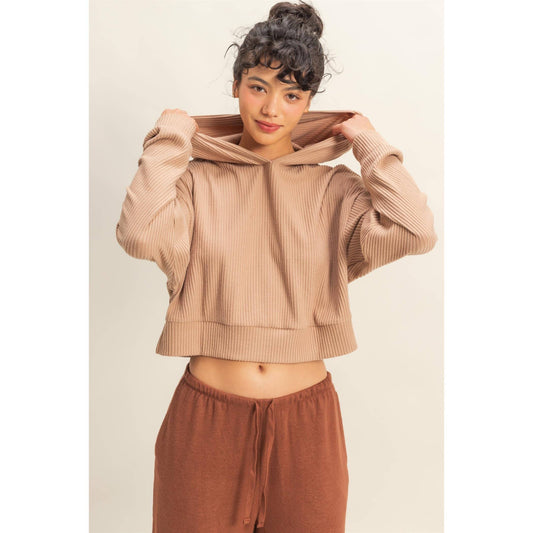 Drop Shoulder Casual Cropped Ribbed Hoodie