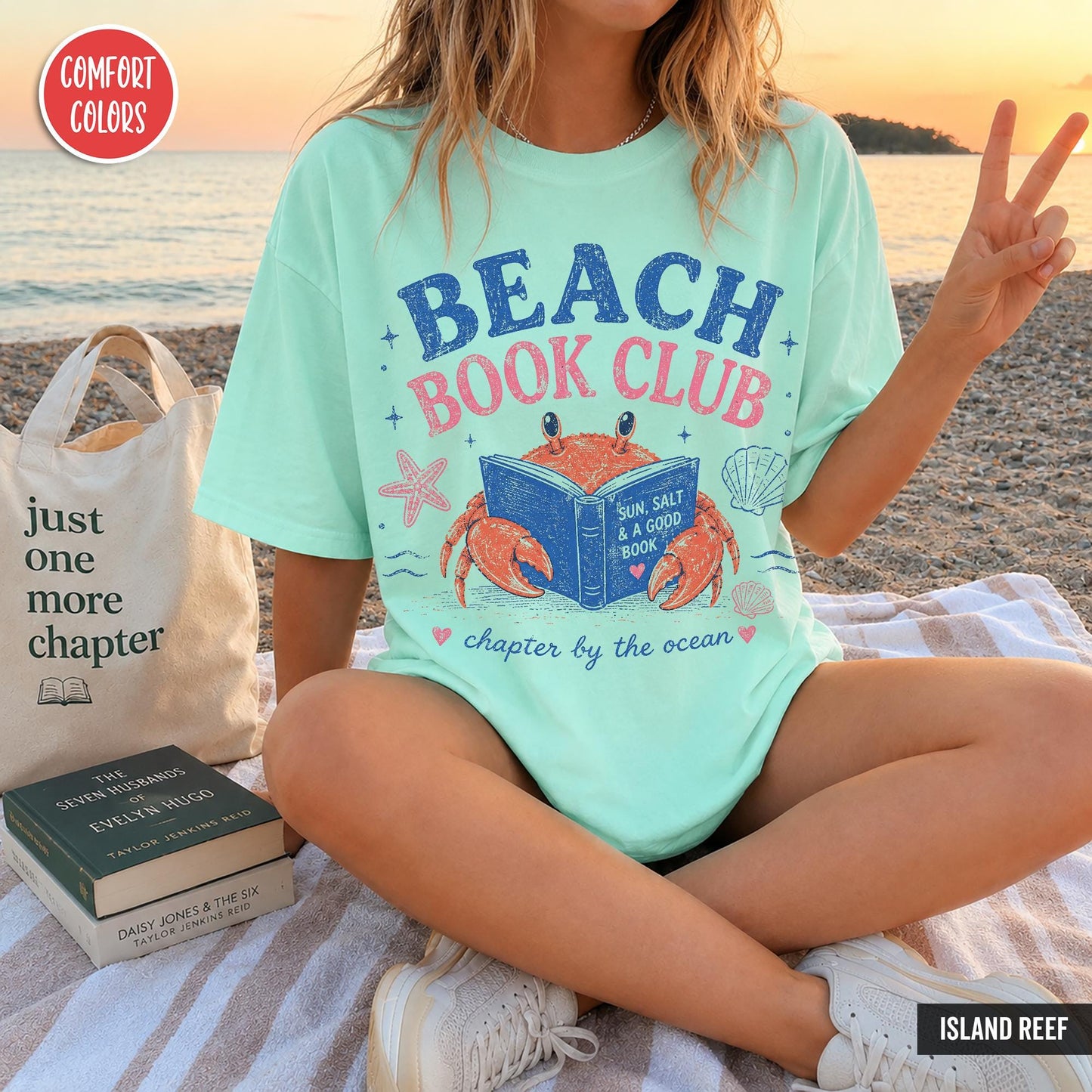 Beach Book Club Bookish Comfort Color Summer Crab Book Lover Book Girl Summer Tee Reading Bookish (2)