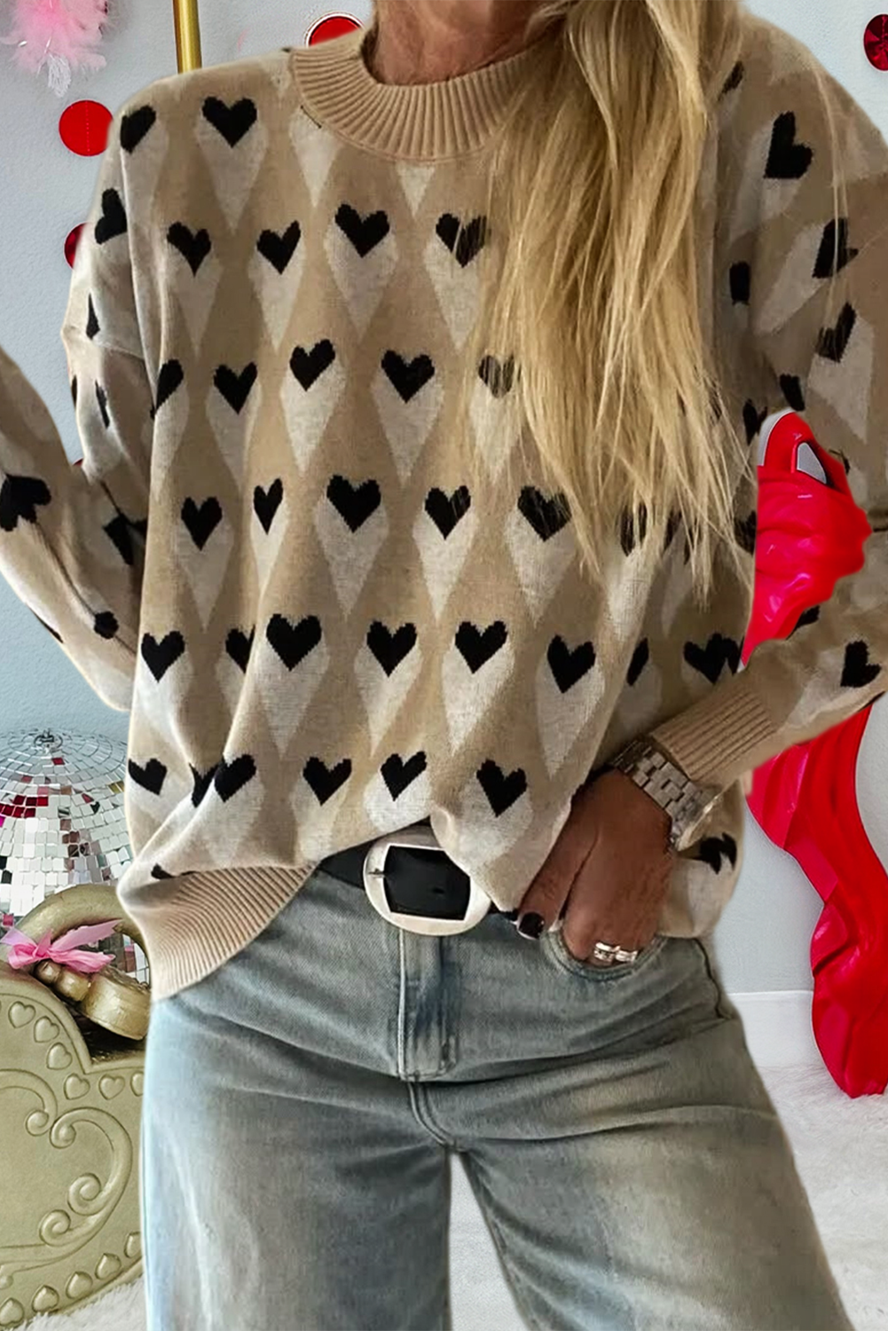 Geometric Heart Print Ribbed Trim Loose Sweater (S-Xl)