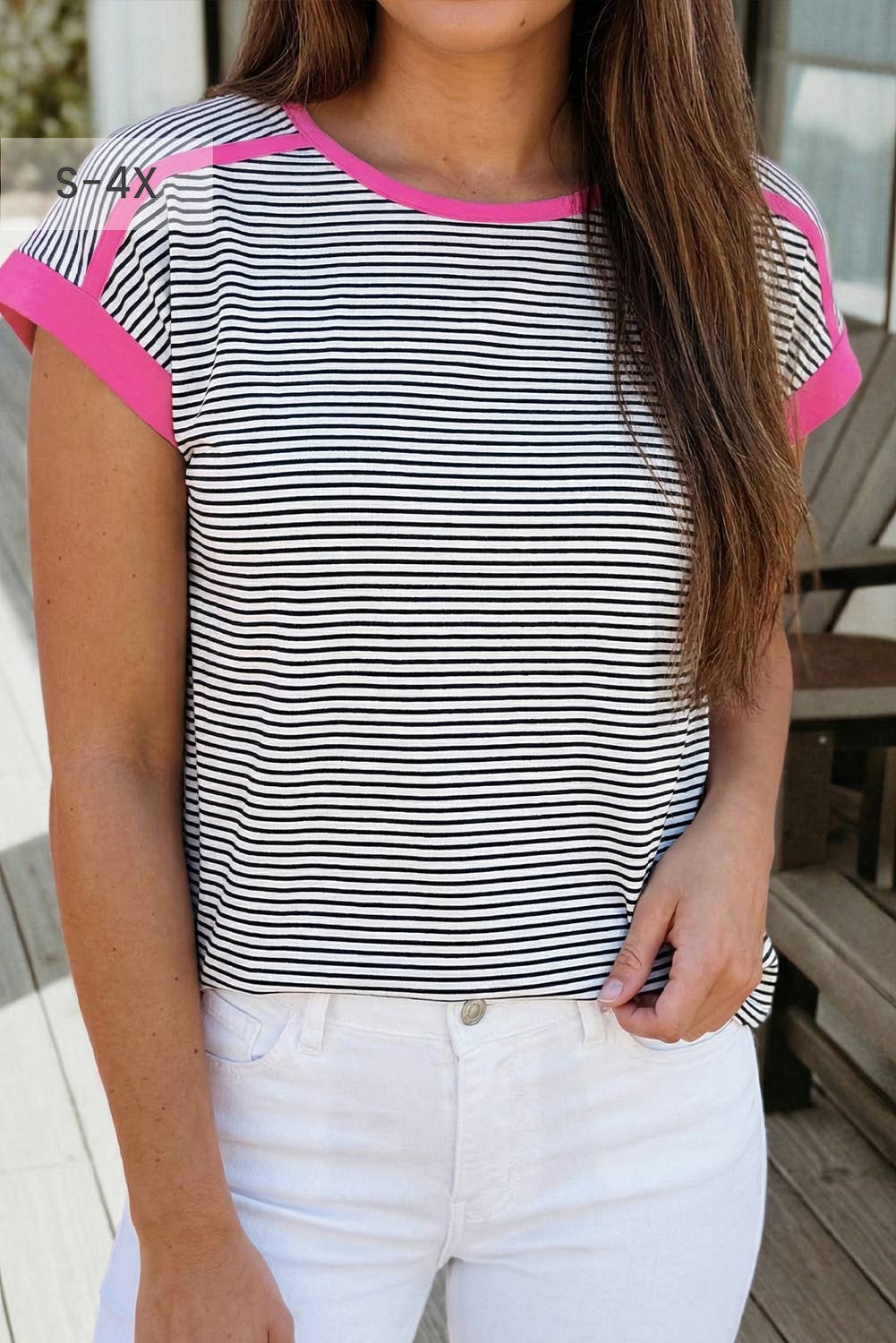 Plus Size Stripe Contrast Trim Round Neck T Shirt (S-4X)
