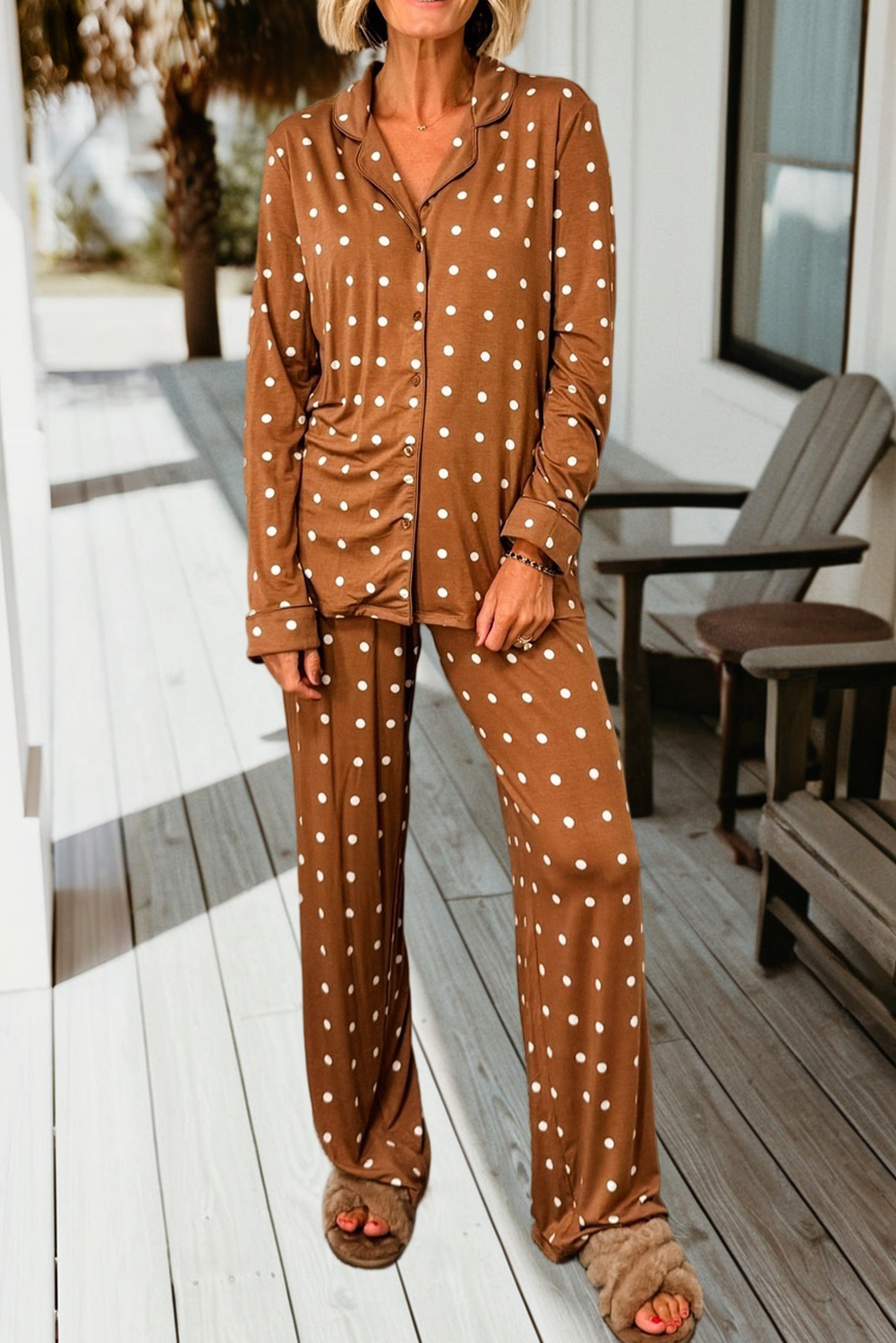 Polka Dot Print Long Sleeve Shirt and Pant Pajama Set (S-Xl)