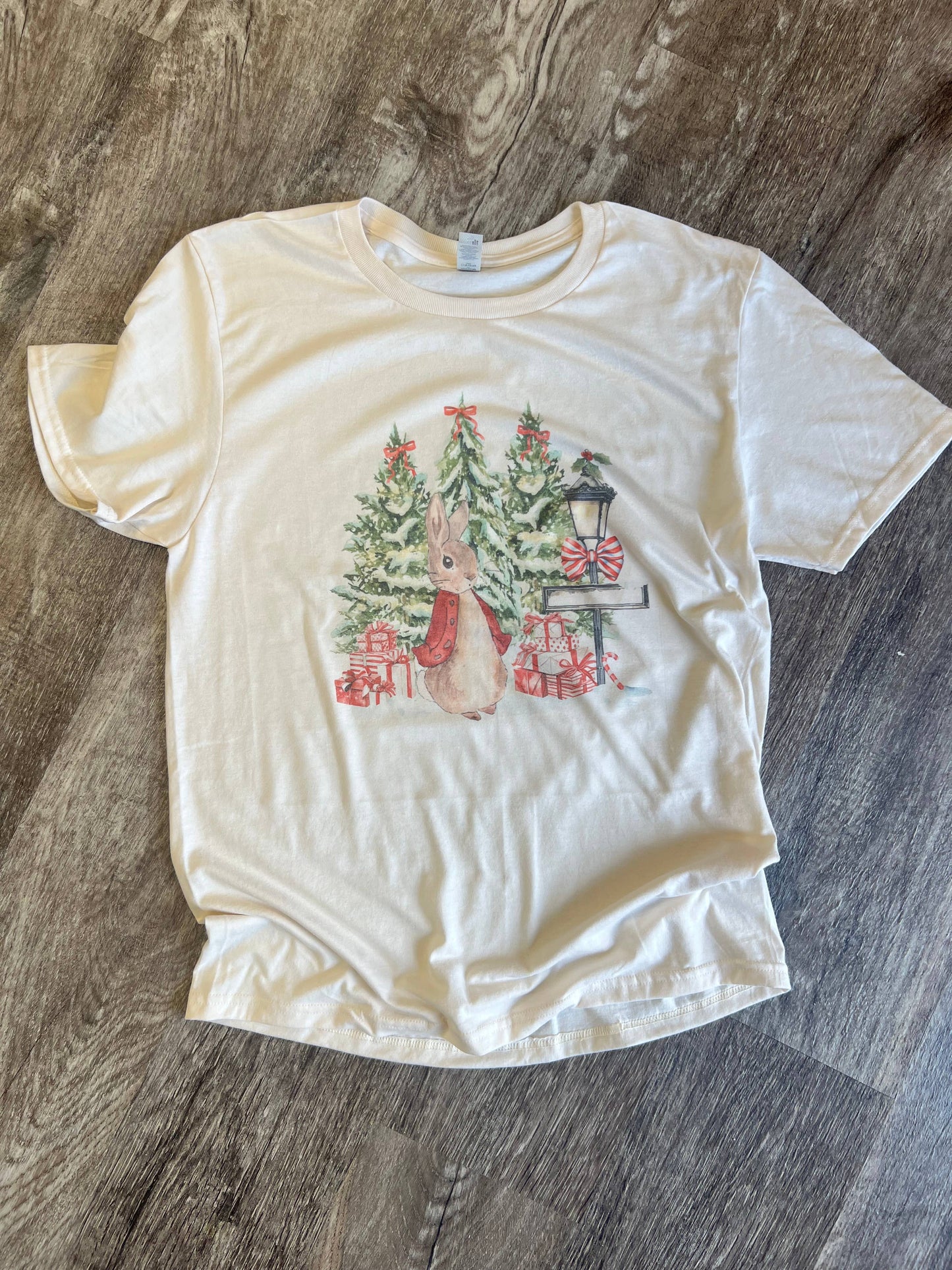 Christmas Bunny with Trees and Presents On Cream Tee