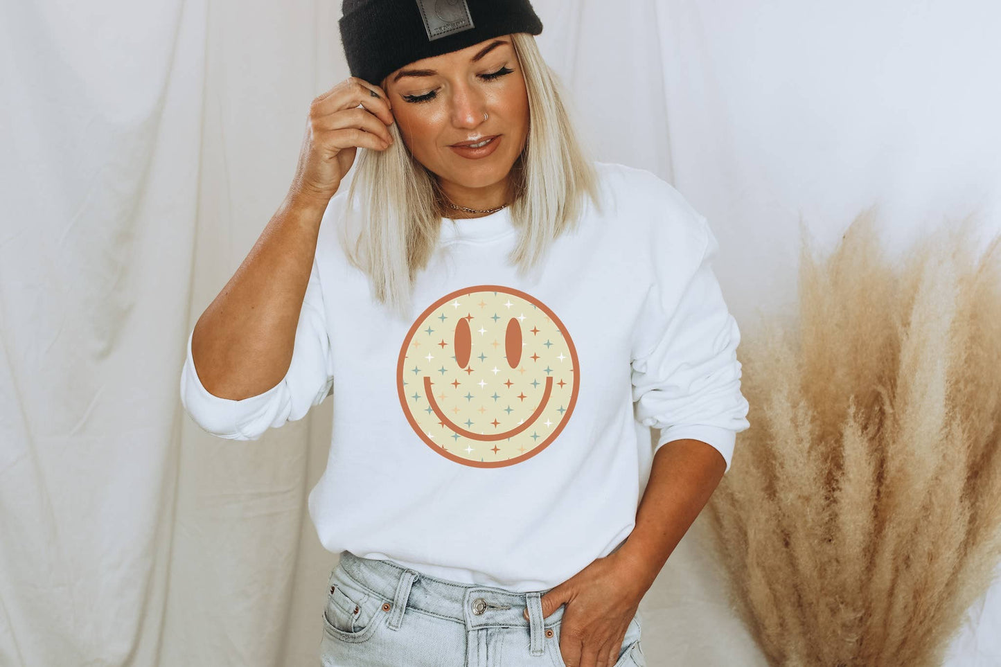 Retro Sparkle Happy Face Crew Neck Sweatshirt
