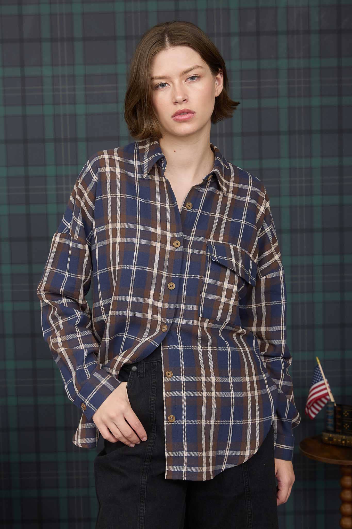 Plaid Button Down Pocket Detail Long Sleeve Shirt
