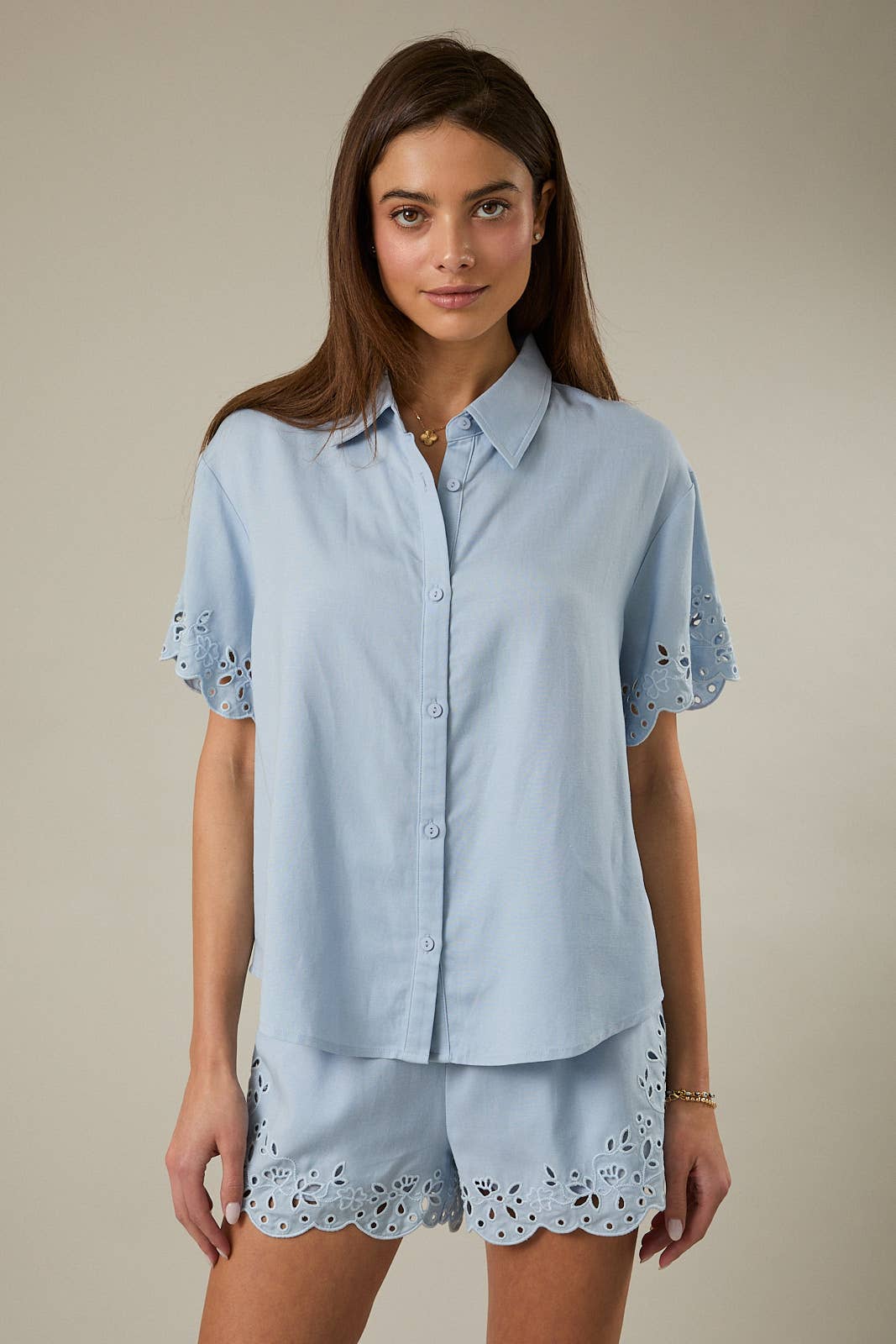 Half Sleeve Button Down Eyelet Embroidered Shirt