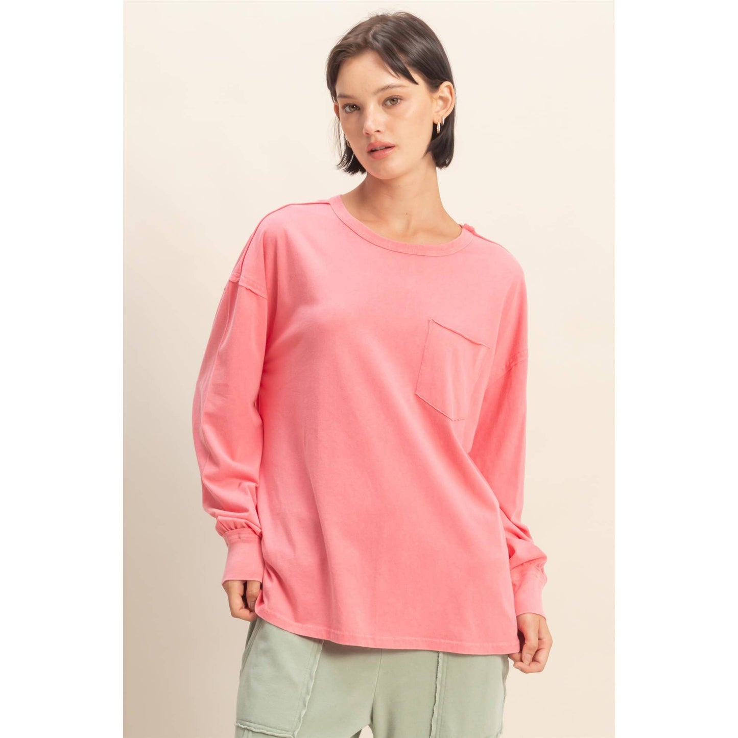 Oversized Washed Long Sleeve Pocket Tee