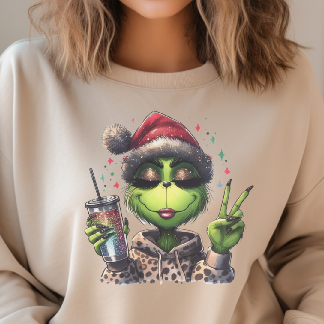 Boujee Grinch Girl Leopard Jacket Christmas Sweatshirt