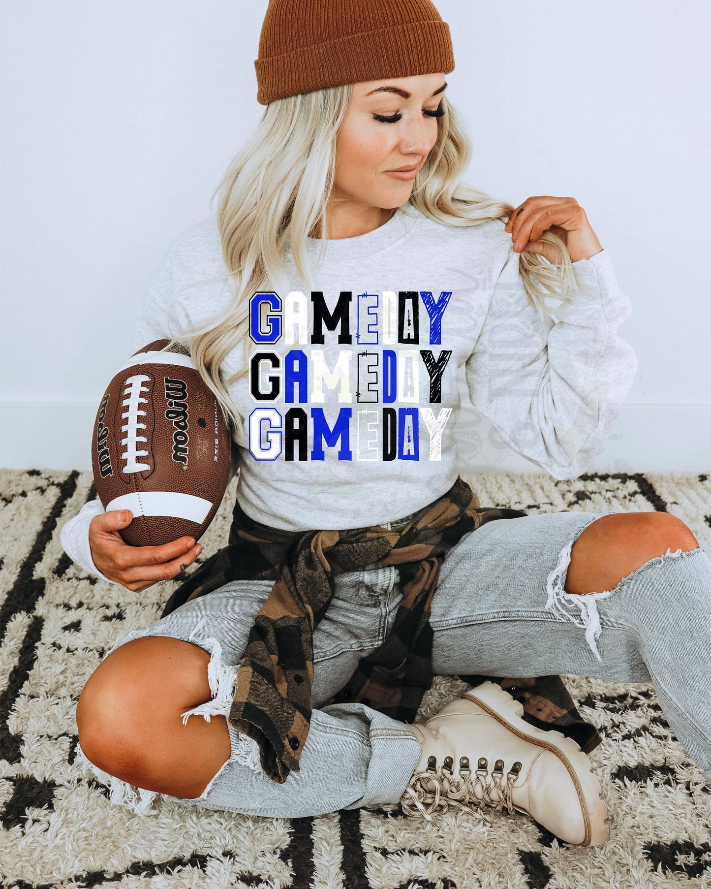 Game Day Sweatshirt  Blue Black White Letter Variety Design