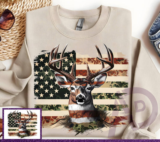 Camo American Deer Shirt - Whitetail Buck Hunting Flag
