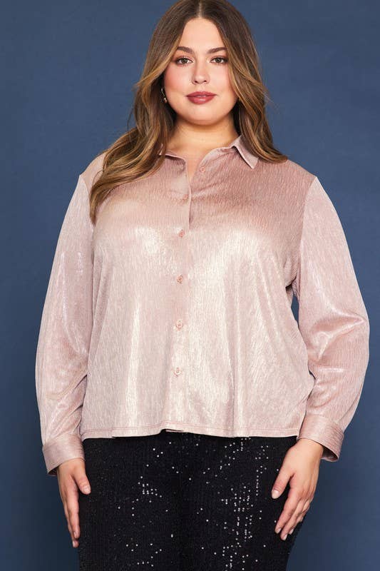 Plus Size Coated Fabric Button Down Shirt