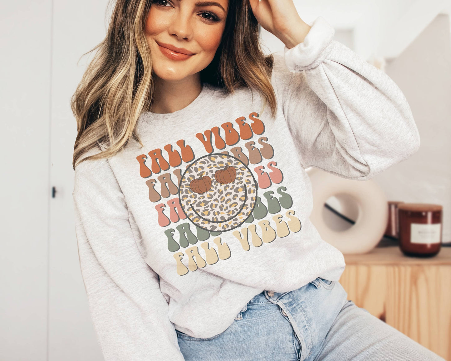 Fall Vibes Happy Face Crew Neck Sweatshirt | Fall Sweater