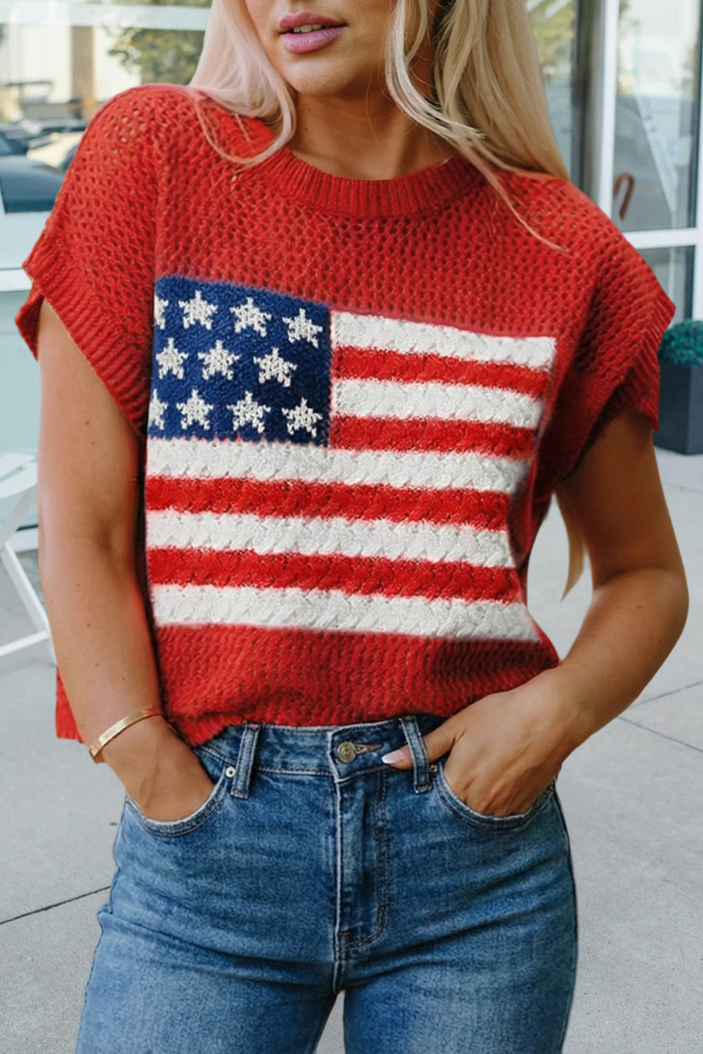Flag Graphic Short Sleeve Sweater Top (S-Xl)