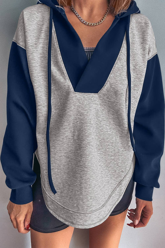 Fall 2025 Color Block Patchwork V Neck Drawstring Hoodie