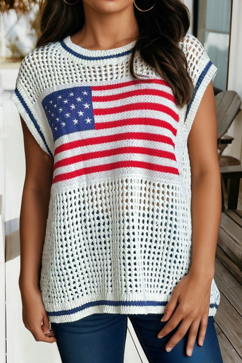USA Flag Eyelet Knitted Cap Sleeve Sweater Top (S-Xl)