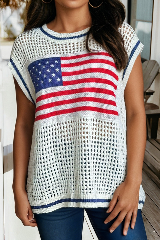 USA Flag Eyelet Knitted Cap Sleeve Sweater Top (S-Xl)