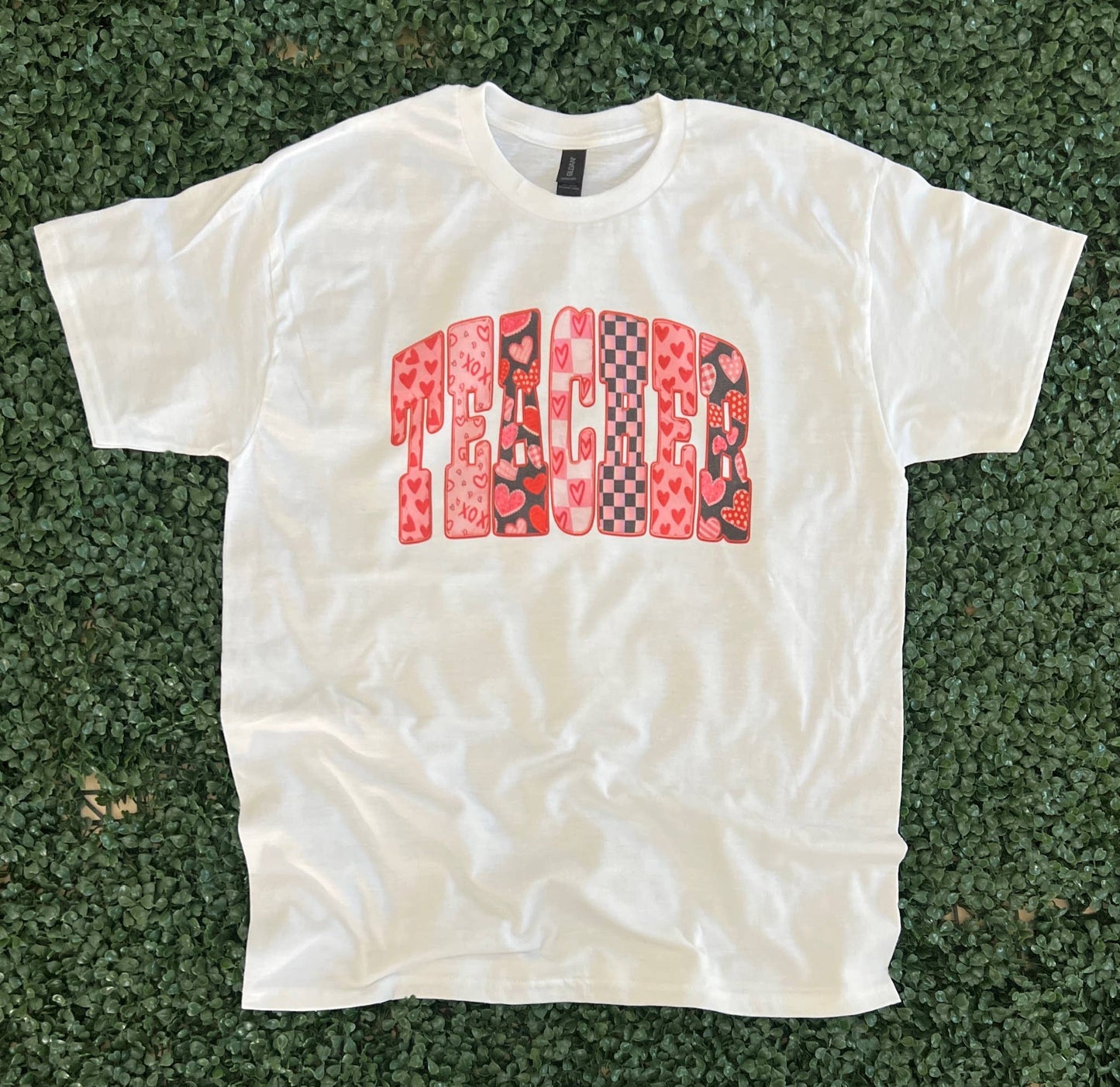 Valentine's Day Patterned Teacher T-Shirt On White