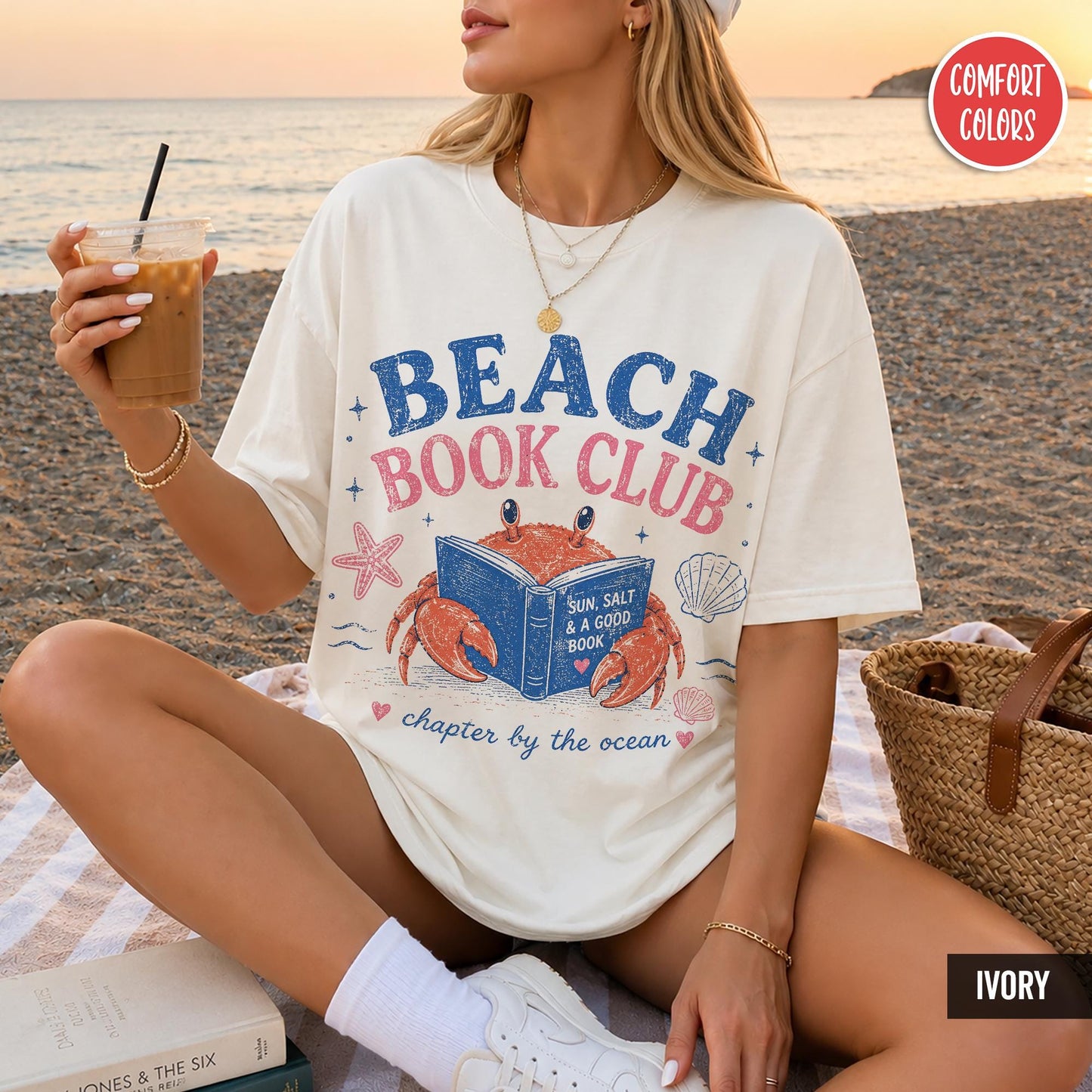 Beach Book Club Bookish Comfort Color Summer Crab Book Lover Book Girl Summer Tee Reading Bookish (3)