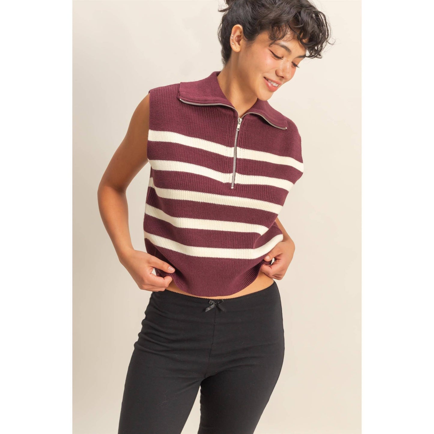 Striped Knit Half Zip Sweater Vest