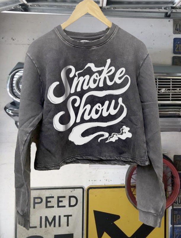 Smoke Show Acid Wash Cropped Crew Sweatshirt