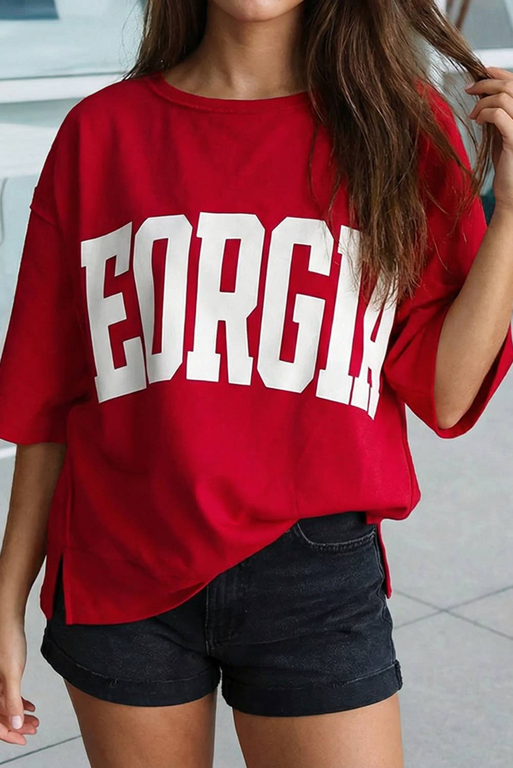 Georgie Letter Printed Raw Seam Drop Shoulder Tee (S-Xl)