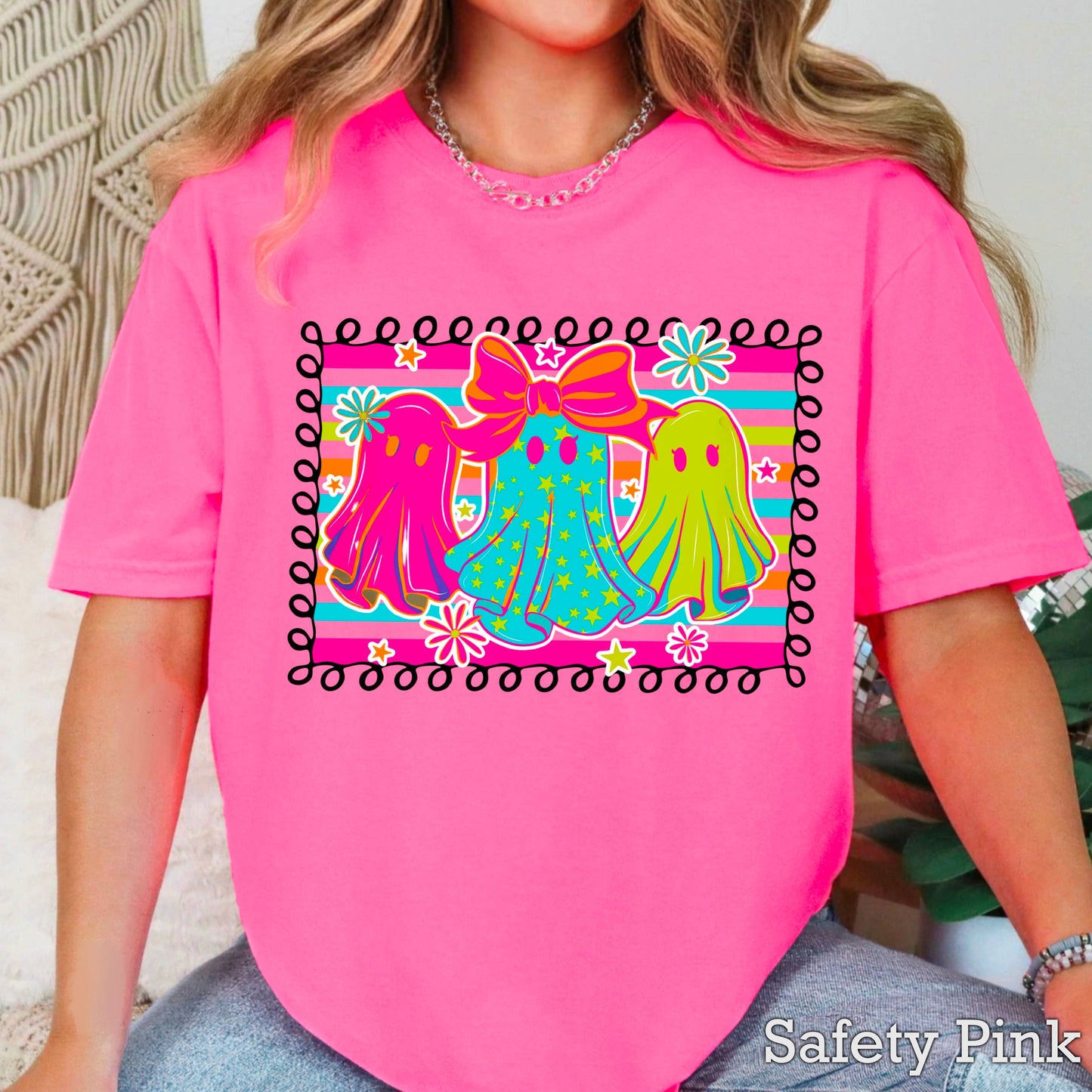 Preppy Neon Ghost Halloween 2025 Graphic Tee | Gildan