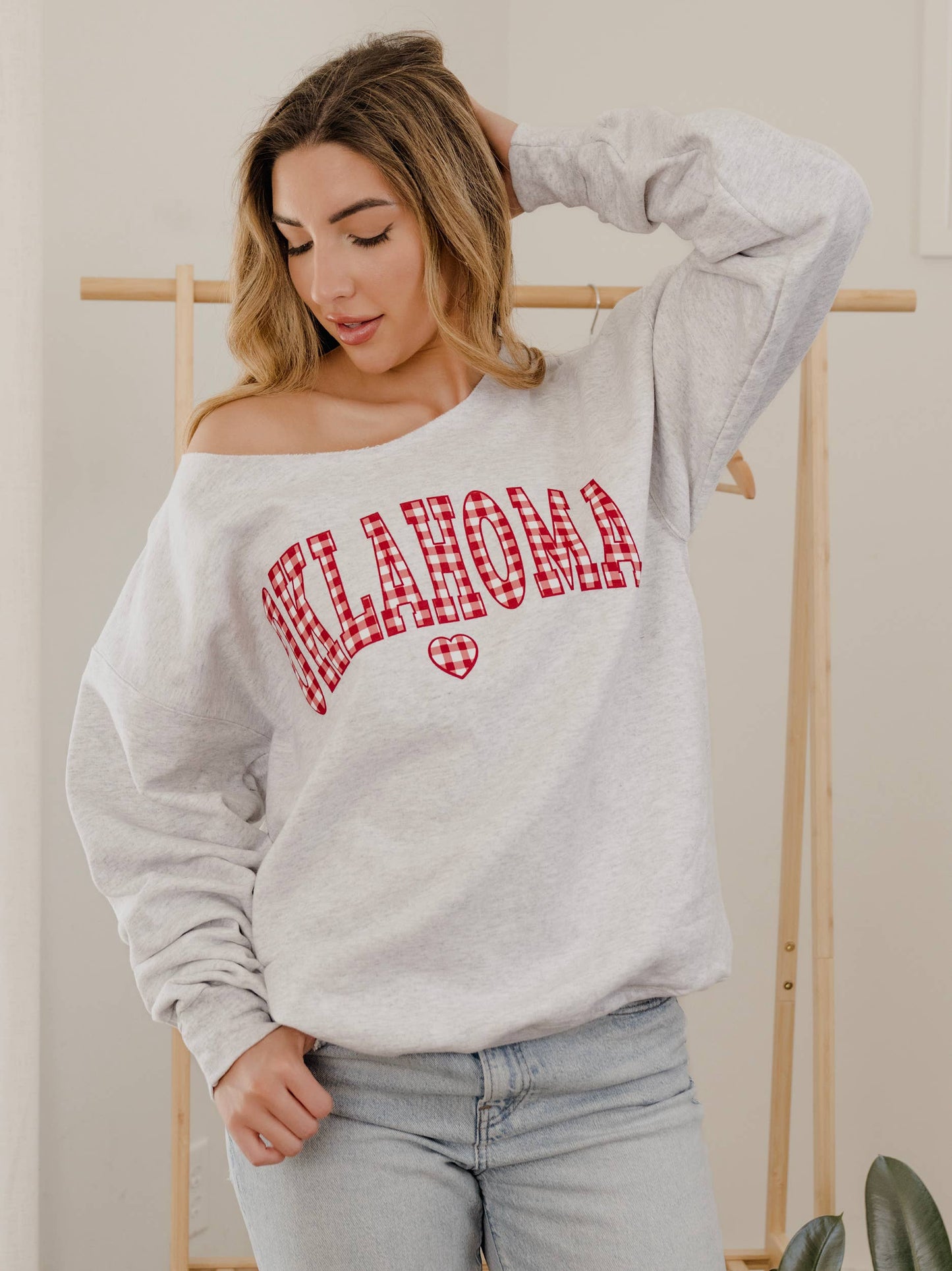 Ou Sooners Gingham Heart Ash Gray Flashdance Sweatshirt