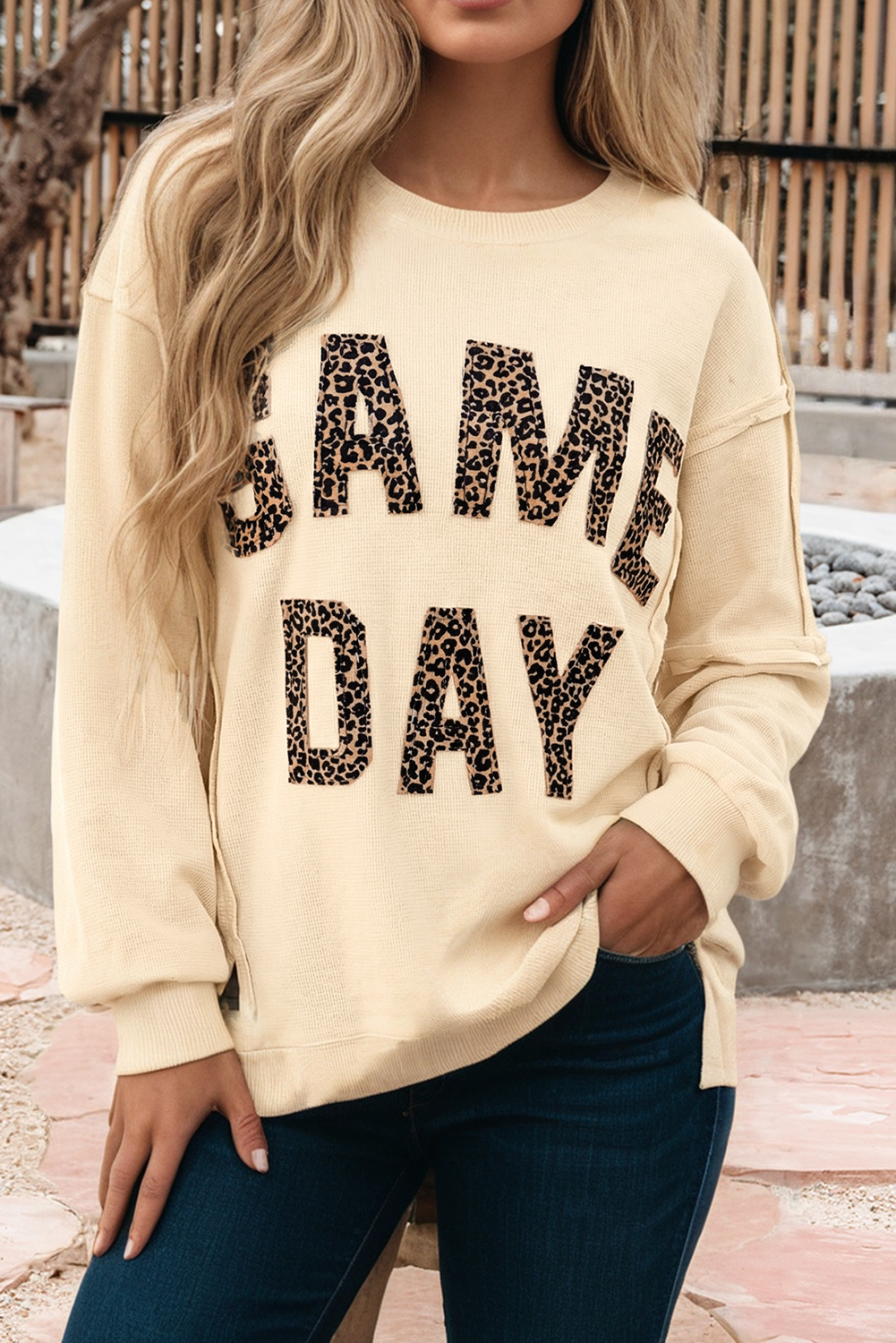Game Day Leopard Patchwork Waffle Knit Sweatshirt (S-Xl)