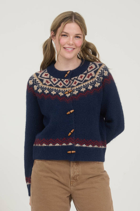 Faire Isle Toggle Button Knit Cardigan Sweater