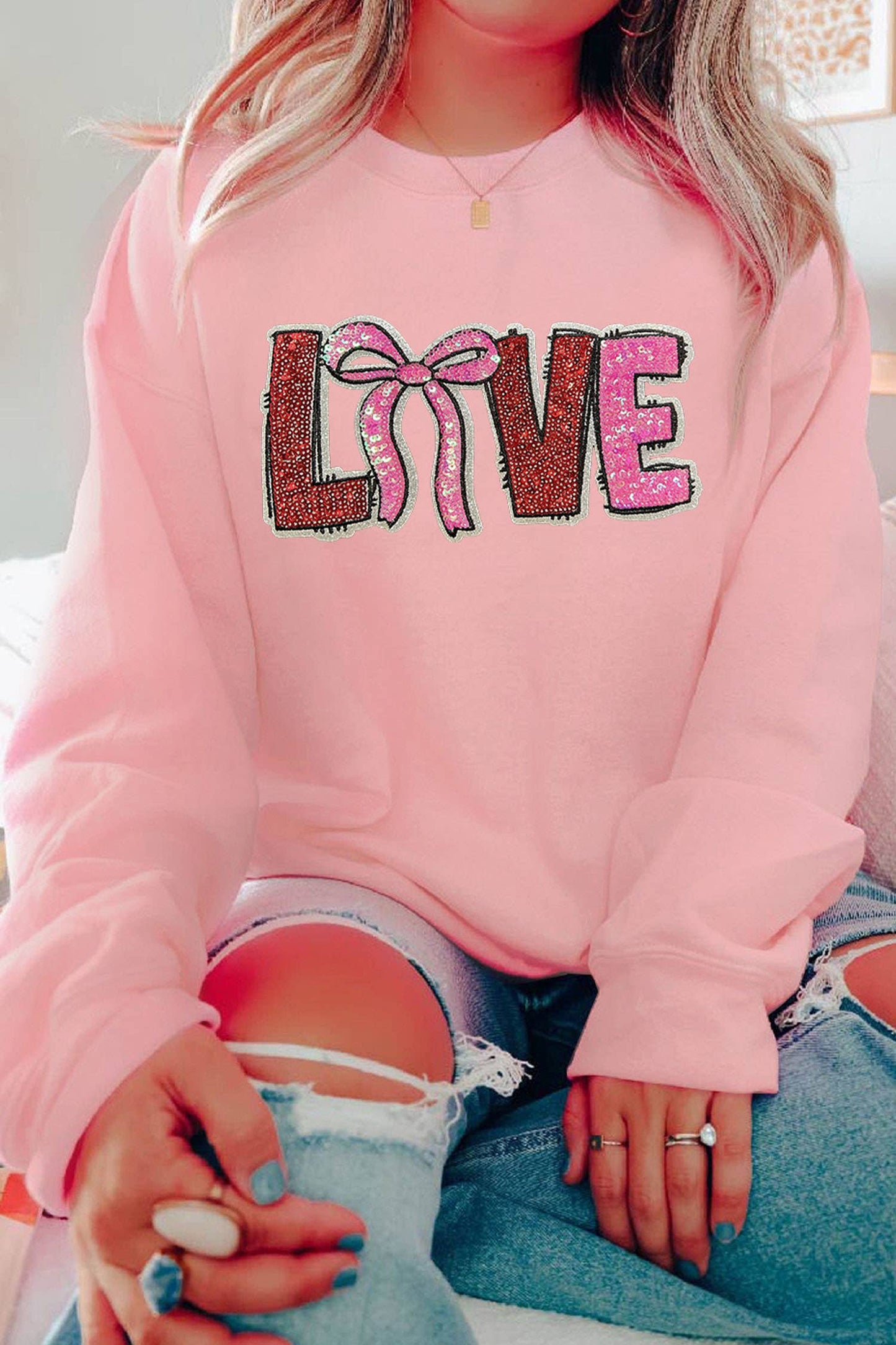 Bow Love Sequin Pattern Valentine Sweatshirt (S-2XL)