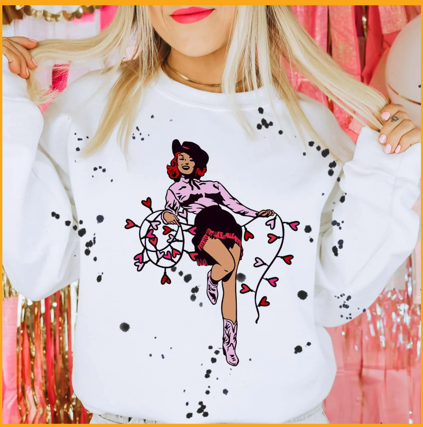 Valentine's Cowgirl - White Sweatshirt w/ Splatter