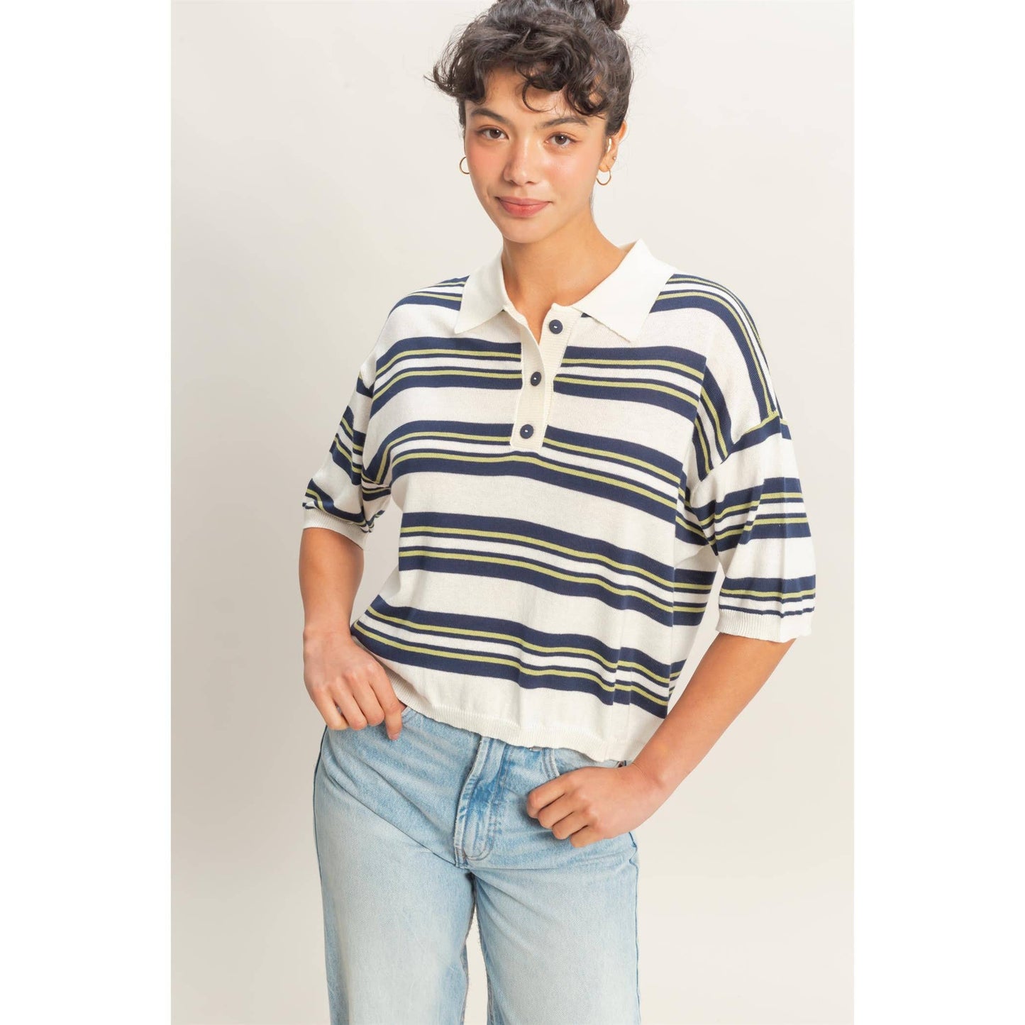 Striped Short Sleeve Polo Knit Top