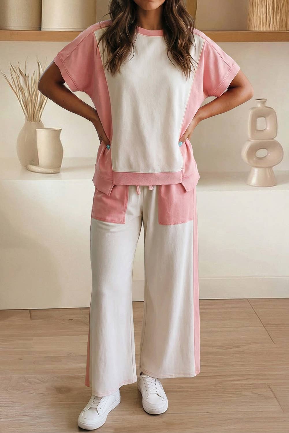 Color Block Patchwork Tee & Drawstring Loose Pant Set (S-Xl)