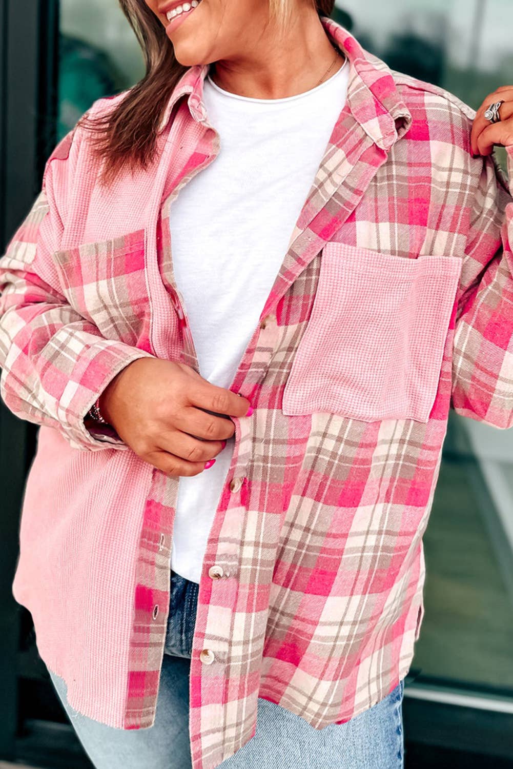 Fall 2025Waffle Patch Pocket Plaid Patchwork Plus Size Shirt