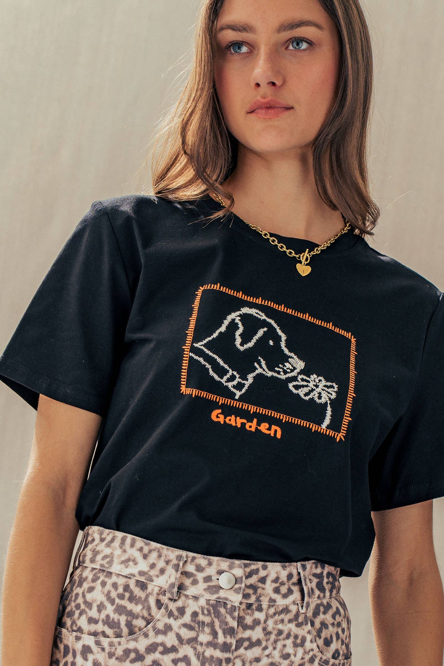 Whimsical Dog & Daisy Embroidered Cotton Tee