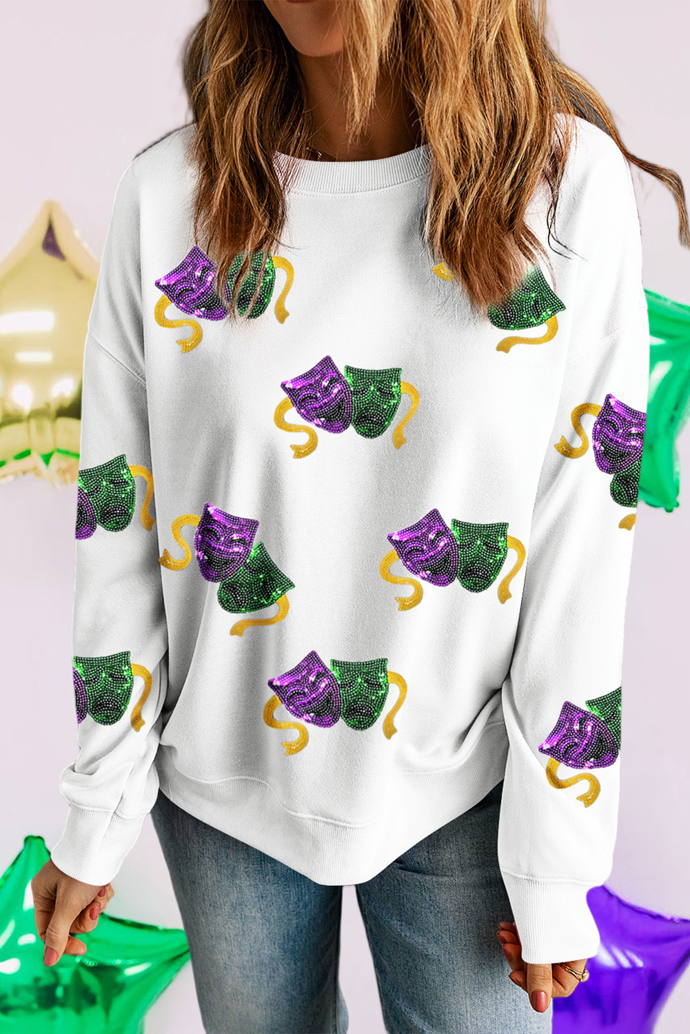Sequined Mardi Gras Mask Pattern Sweatshirt (S-2XL)
