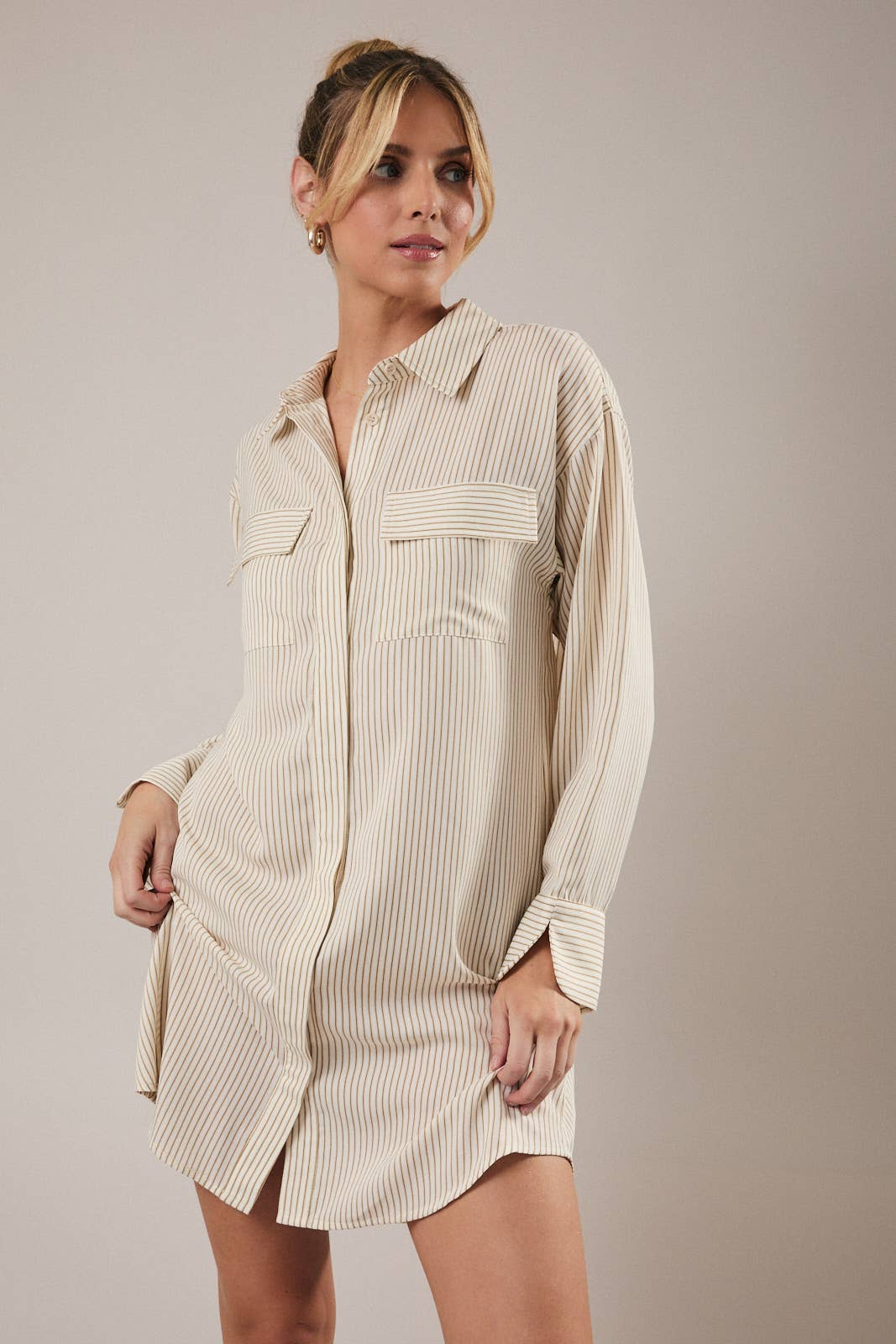 Button Down Long Sleeve Stripe Shirt Dress