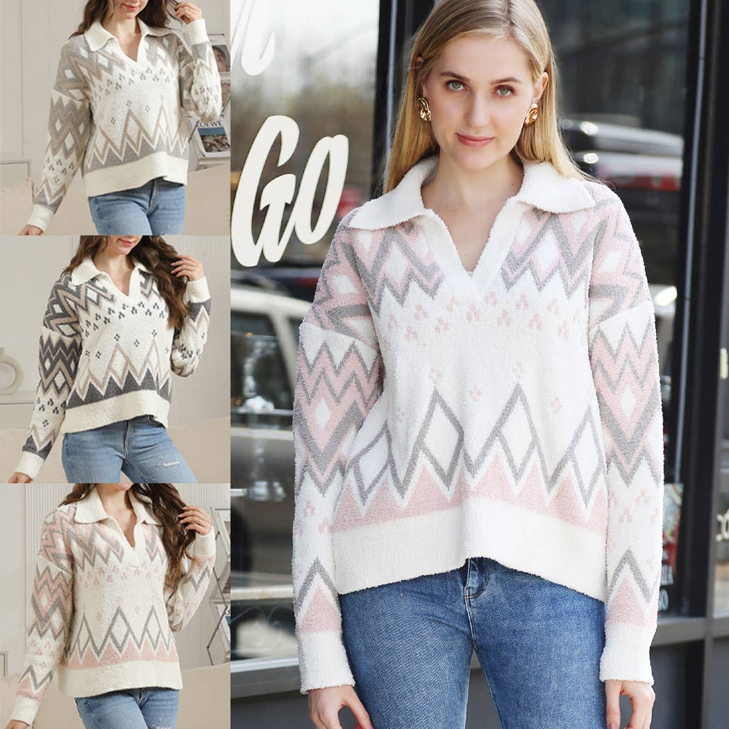 Tribal Collar Pattern Cozy Pullover Sweater