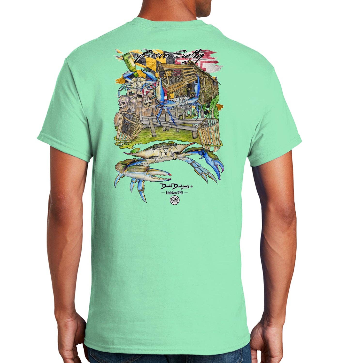 Men's Born Salty Maryland Blue Crab Short Sleeve Mint Cotton T-Shirt