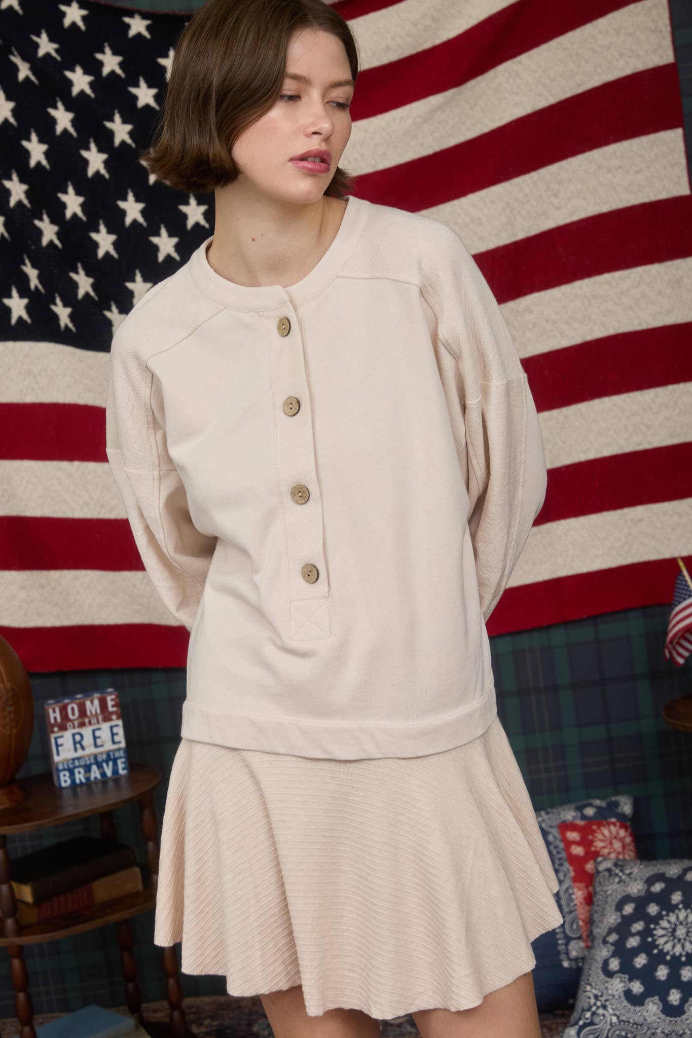 Long Sleeve Henley Ruffle Hem Mini Sweater Dress