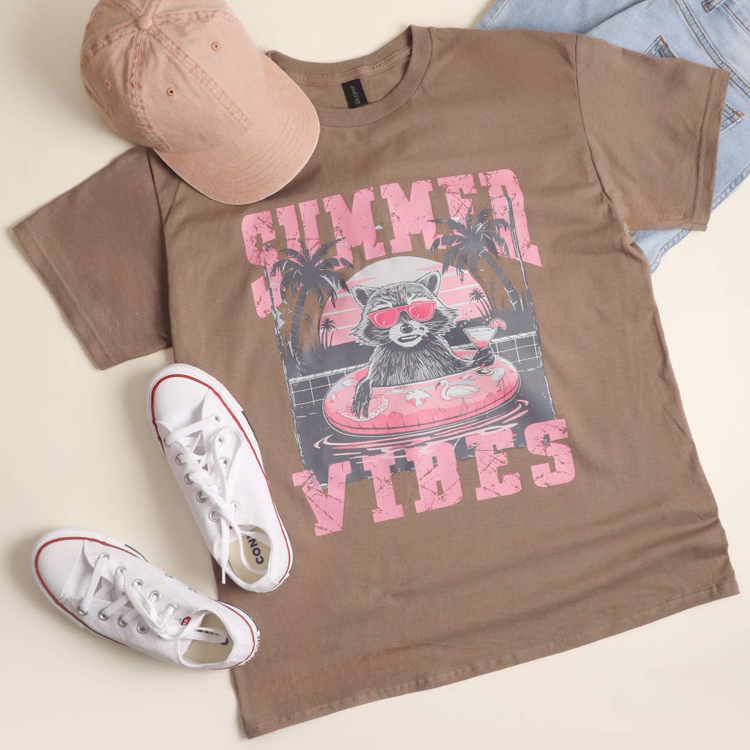 Summer Vibes Pool Party Raccoon Cotton Distressed  T-Shirt