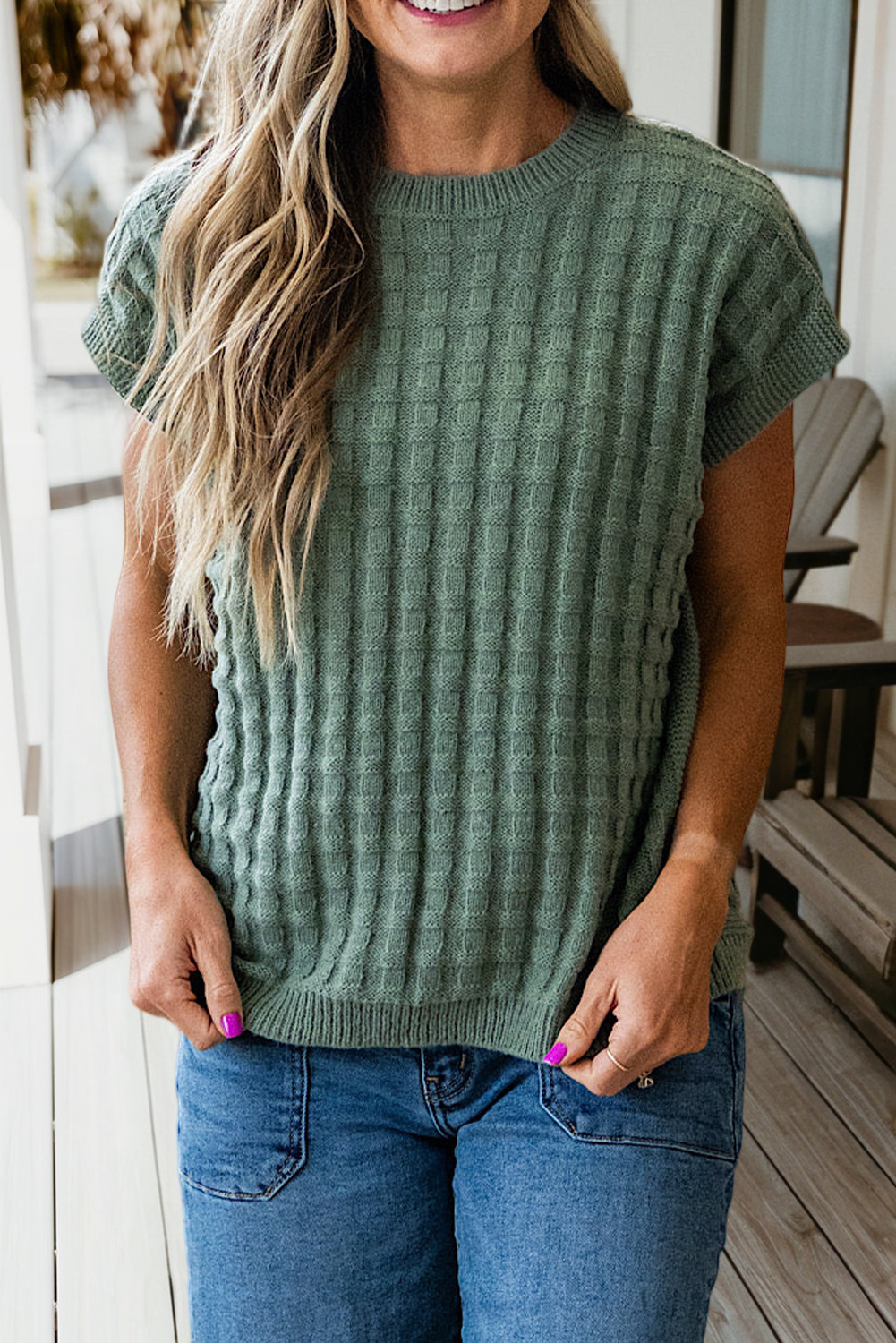 Textured Short Sleeve Round Neck Sweater (S-Xl)