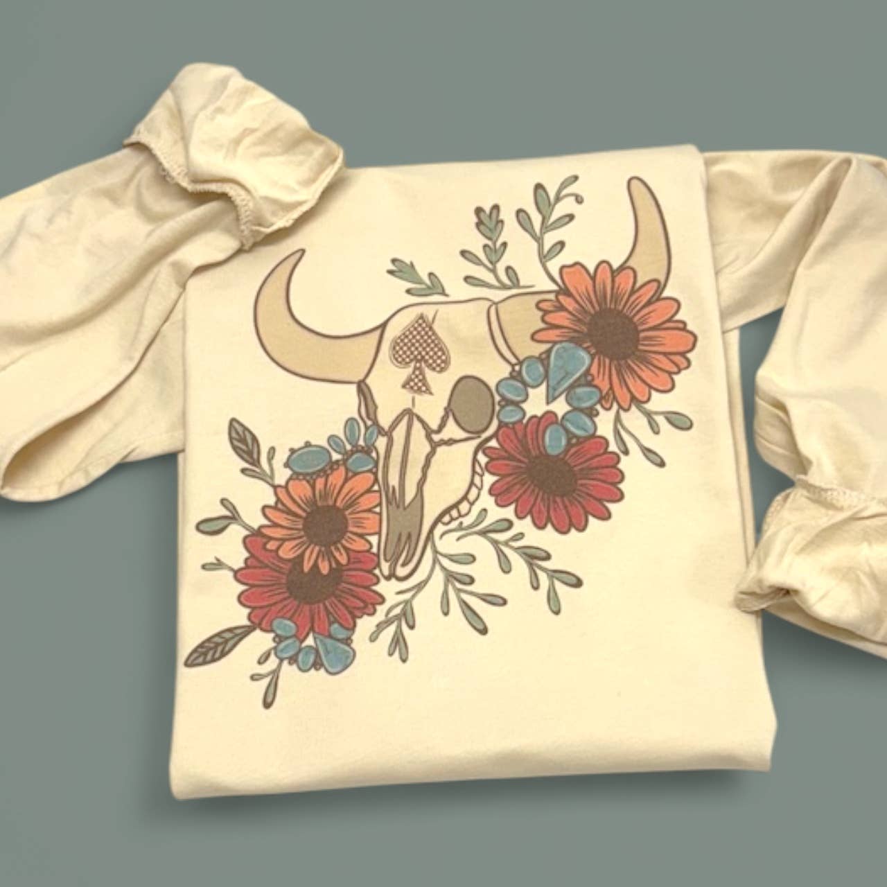Floral Bull Skull Cream Long Sleeve T-Shirt