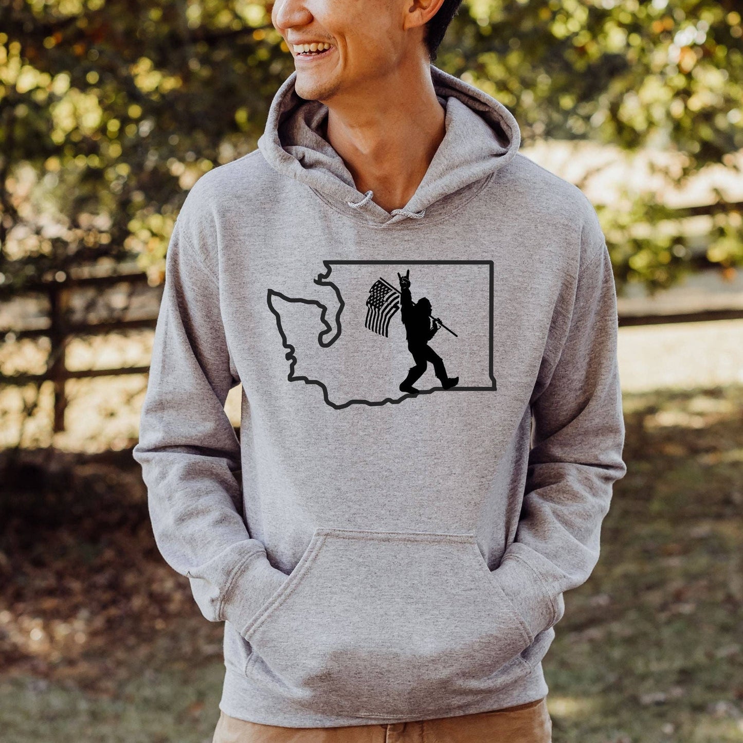 Bigfoot with Flag in Washington Crewneck Sweatshirt Hoodie