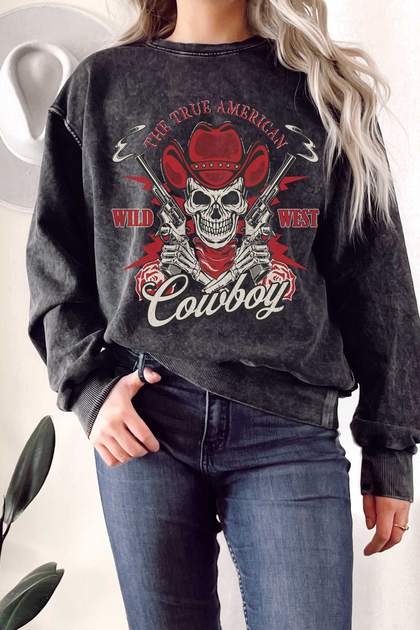 American Wild West Skull Cowboy Mineral Terry Sweatshirt