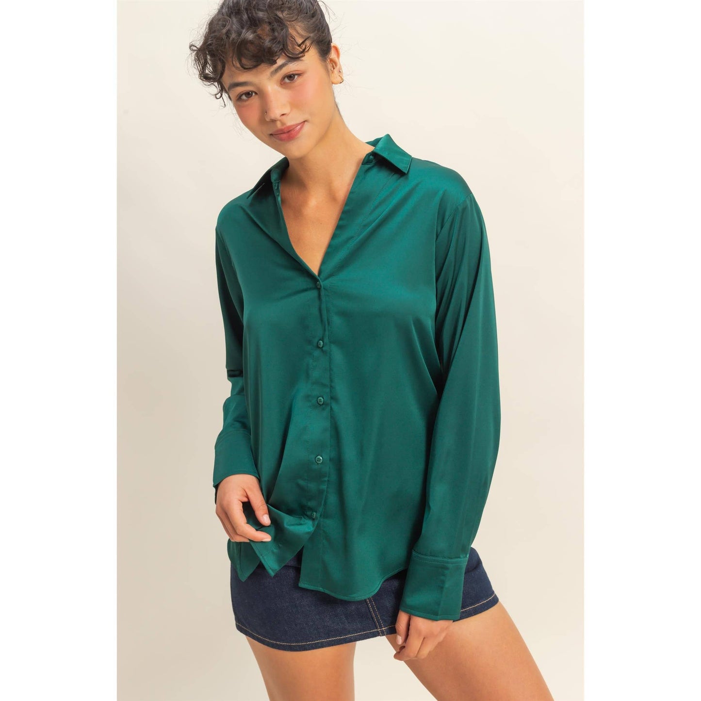 Button-Up Satin Shirt with Collared Neckline