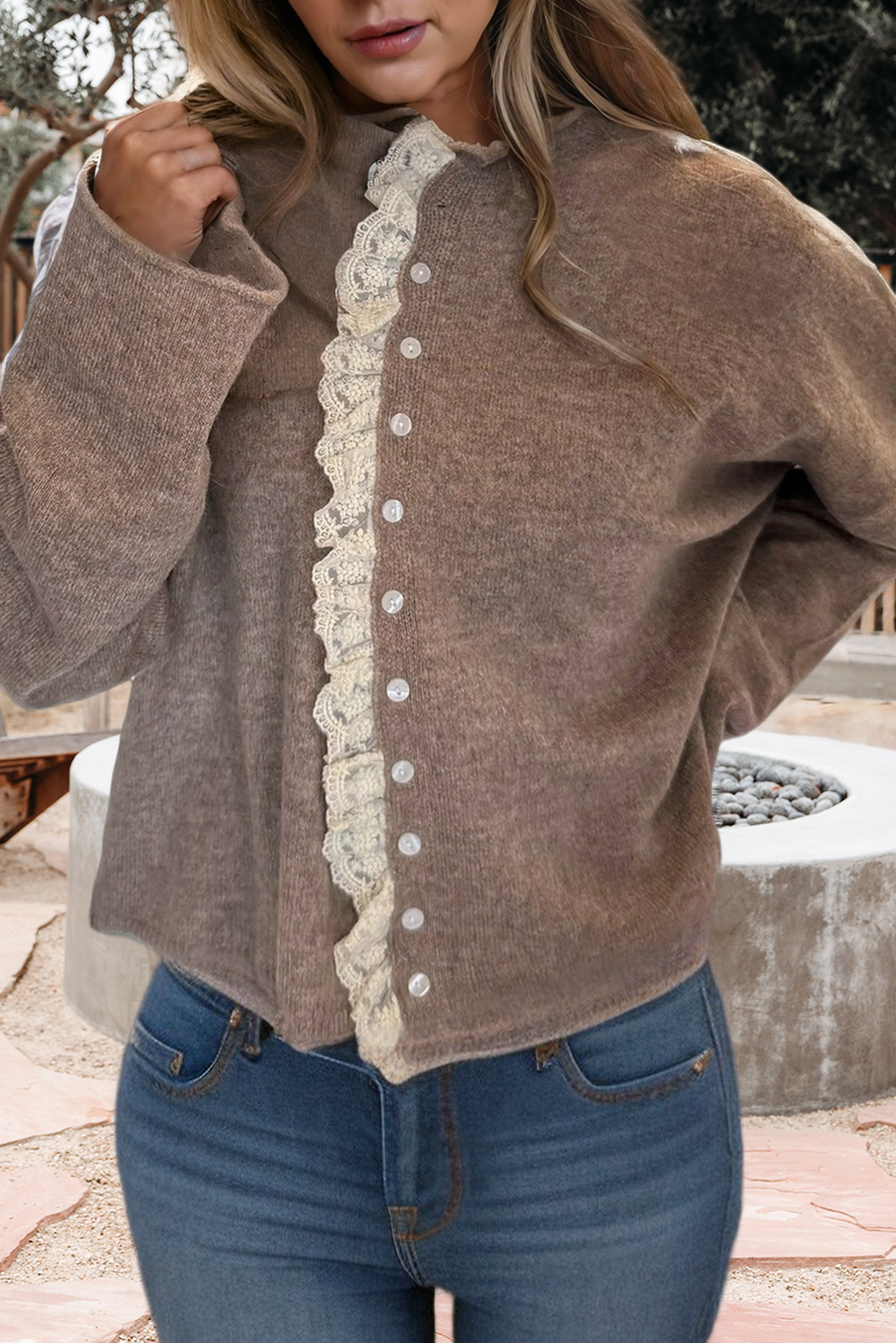 Contrast Frilled Lace Trim Loose Cardigan Sweater (S-Xl)